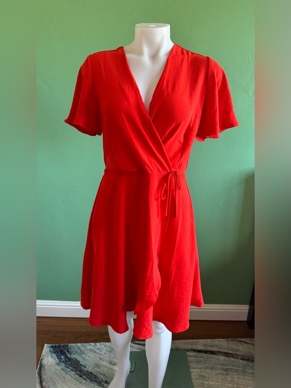 Monteau red short wrap dress with tie waist, size M